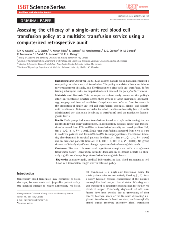 (PDF) Assessing the efficacy of a single-unit red blood cell ...