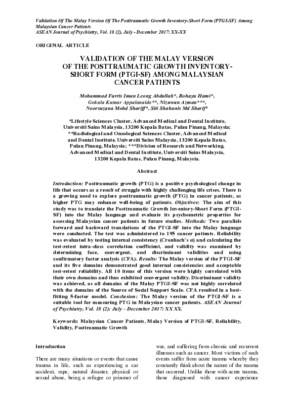 (PDF) Validation of the malay version of the posttraumatic growth ...