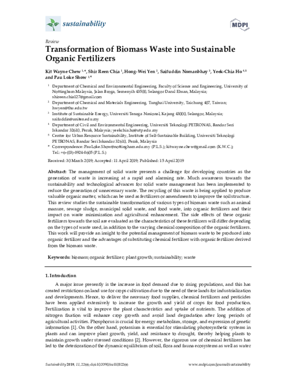 (PDF) Transformation of Biomass Waste into Sustainable Organic Fertilizers
