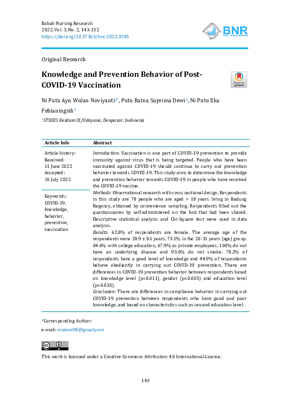 (PDF) Knowledge and Prevention Behavior of Post-COVID-19 Vaccination ...