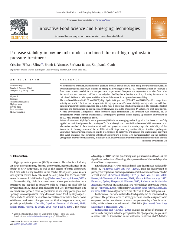 (PDF) Protease stability in bovine milk under combined thermal-high ...
