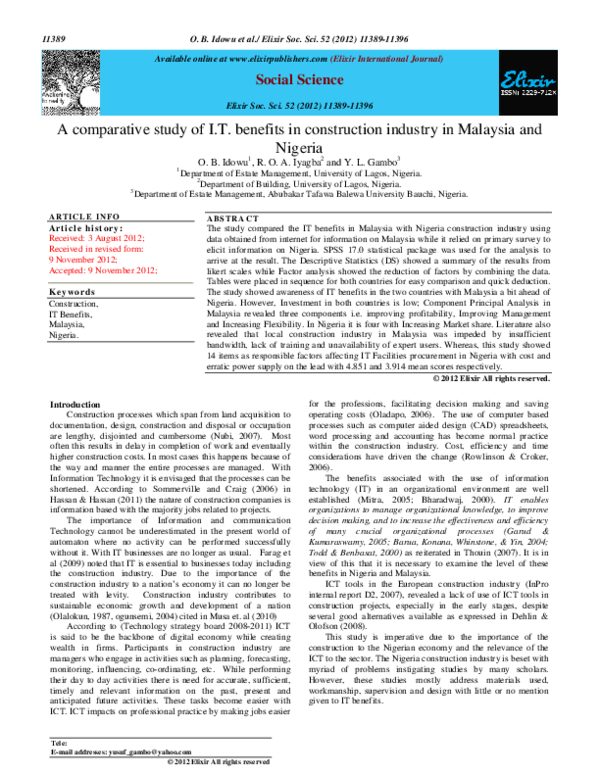 (PDF) A comparative study of I . T . benefits in construction industry ...