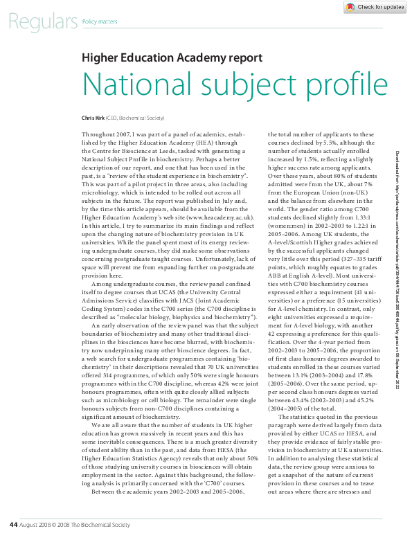 (PDF) National subject profile for biochemistry: Higher Education ...