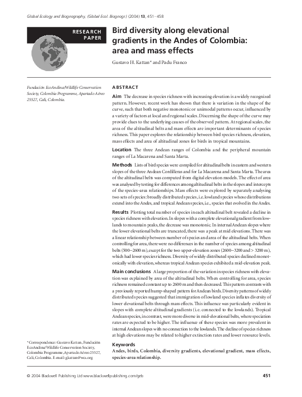 (PDF) Bird diversity along elevational gradients in the Andes of ...