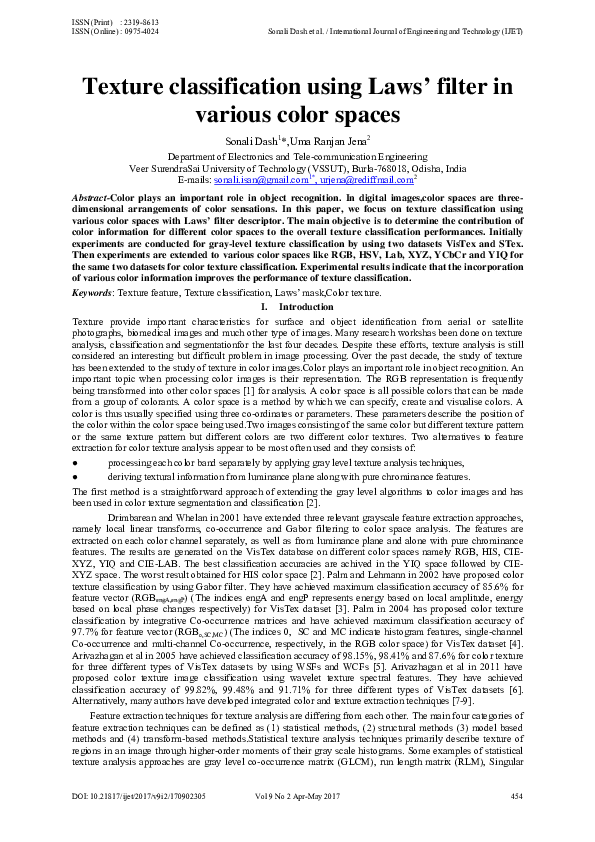 (PDF) Texture classification using Laws’ filter in various color spaces