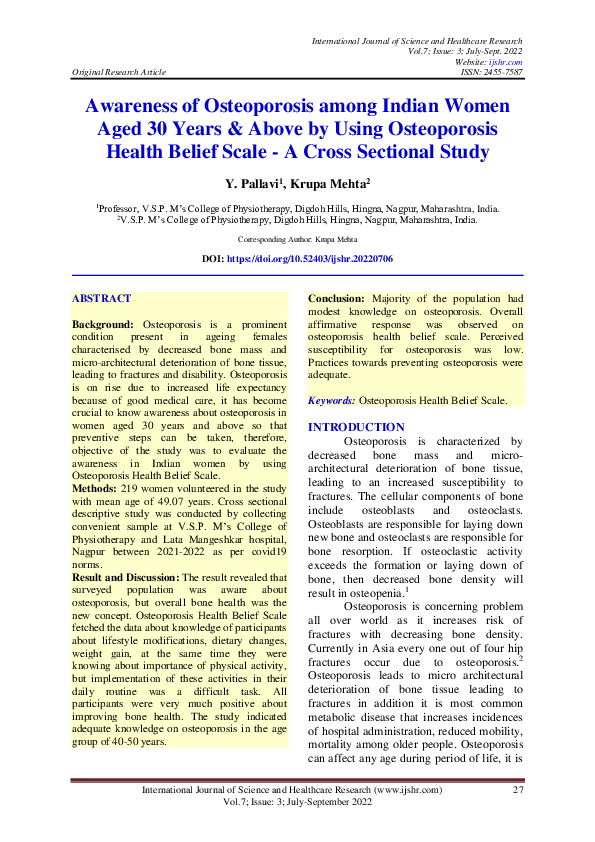 (PDF) Awareness of Osteoporosis among Indian Women Aged 30 Years ...