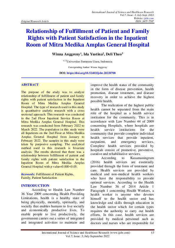 (PDF) Relationship of Fulfillment of Patient and Family Rights with ...