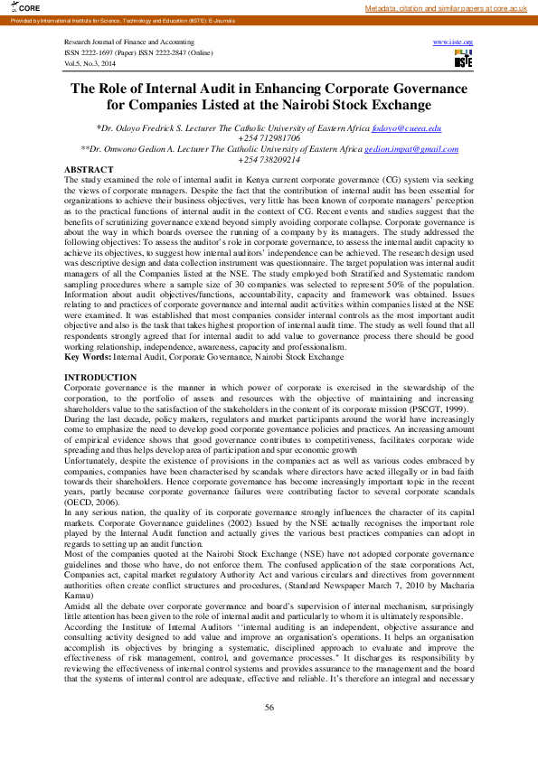 (PDF) The Role of Internal Audit in Enhancing Corporate Governance for ...