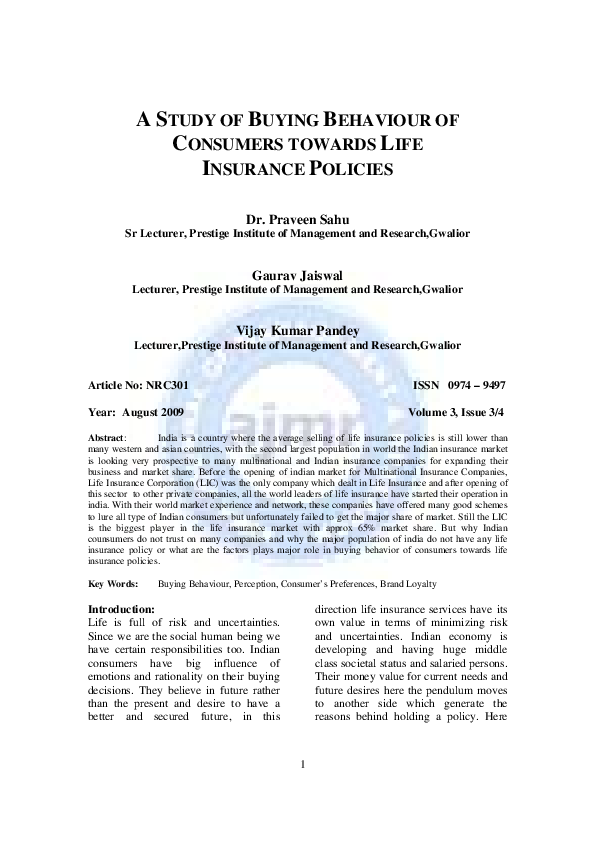 (PDF) A Study of Buying Behaviour of Consumers Towards Life Insurance ...