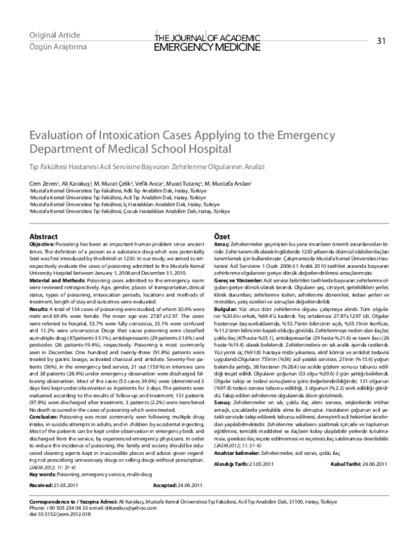 (PDF) Evaluation of Intoxication Cases Applying to the Emergency ...