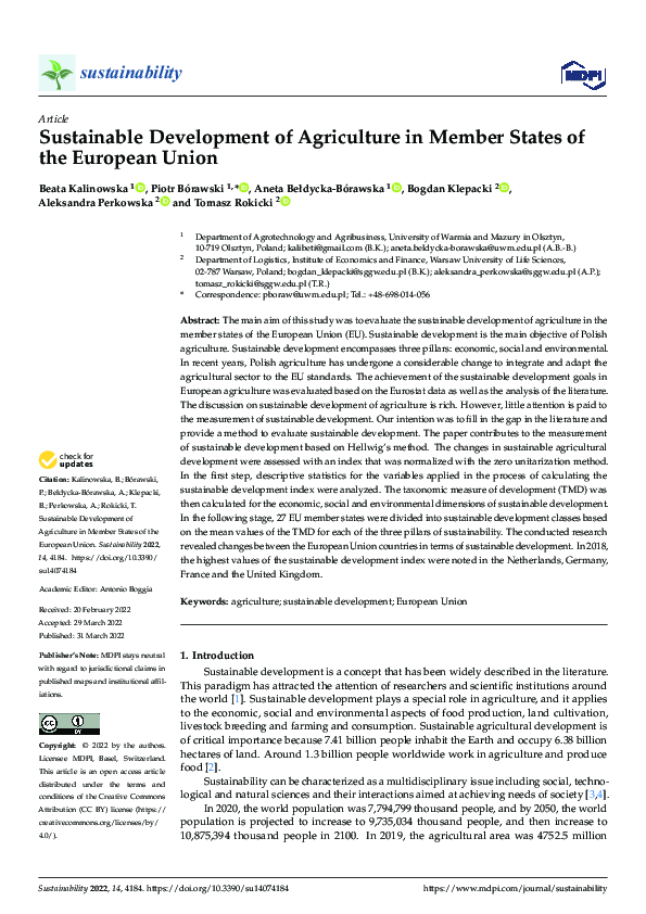(PDF) Sustainable Development of Agriculture in Member States of the ...