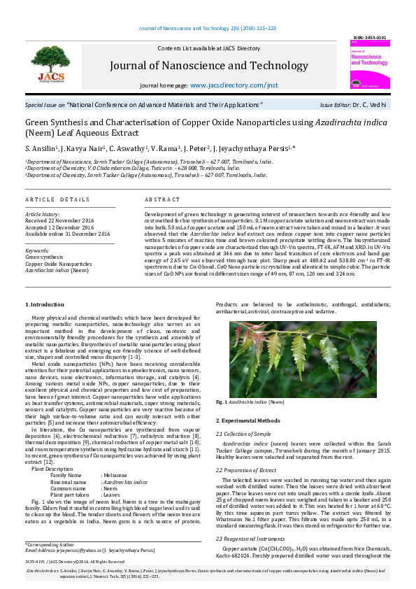 (PDF) Green Synthesis and Characterisation of Copper Oxide ...
