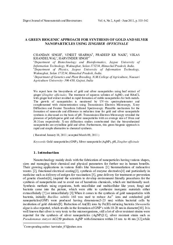 (PDF) A Green Biogenic Approach for Synthesis of Gold and Silver ...