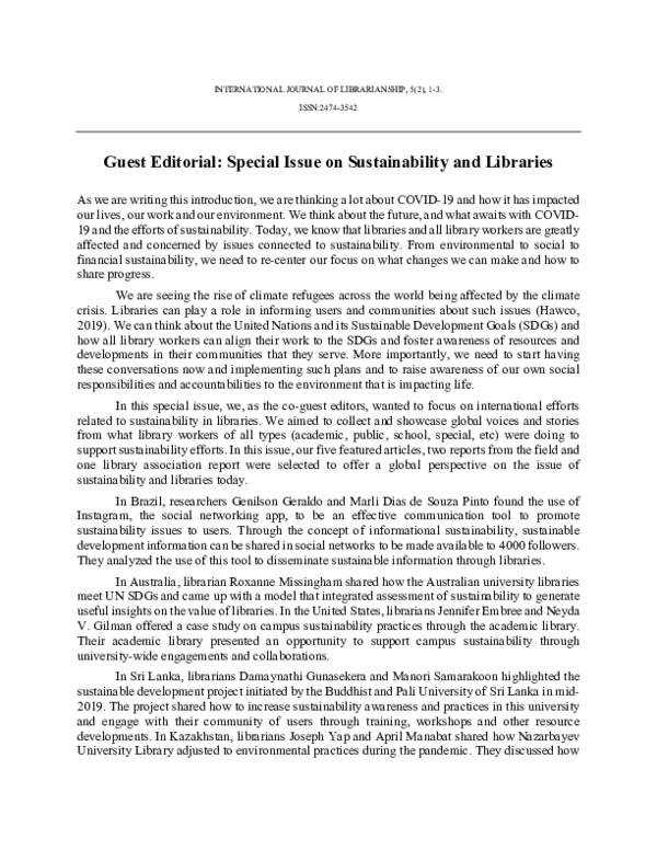 (PDF) Guest Editorial: Special Issue on Sustainability and Libraries