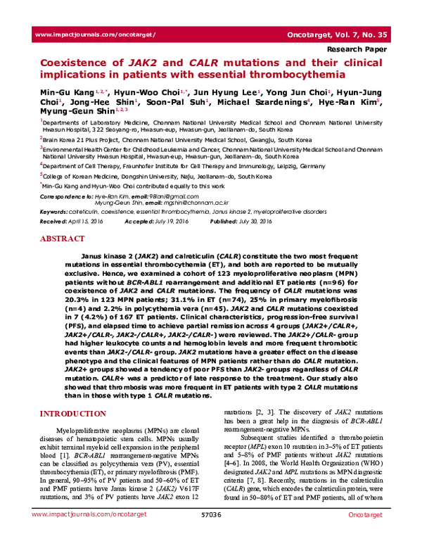 (PDF) Coexistence of JAK2 and CALR mutations and their clinical ...