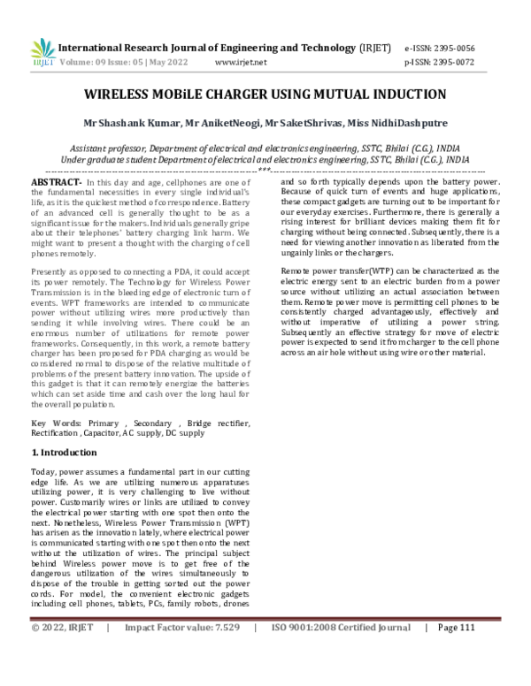 (PDF) WIRELESS MOBiLE CHARGER USING MUTUAL INDUCTION IRJET Journal