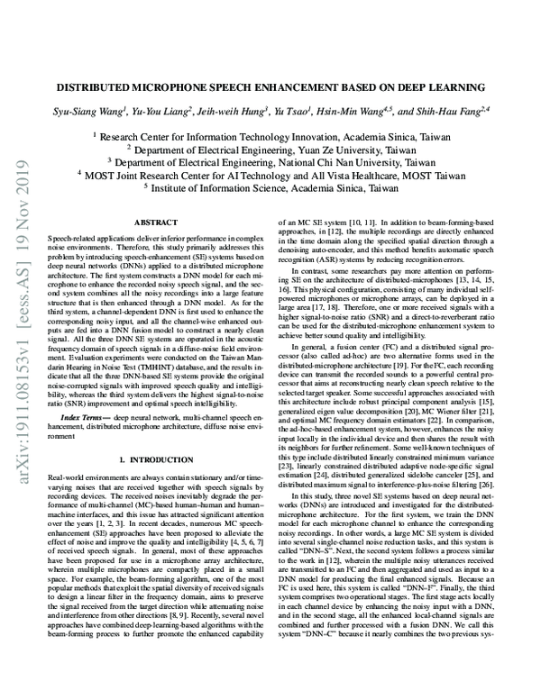 (PDF) Distributed Microphone Speech Enhancement based on Deep Learning