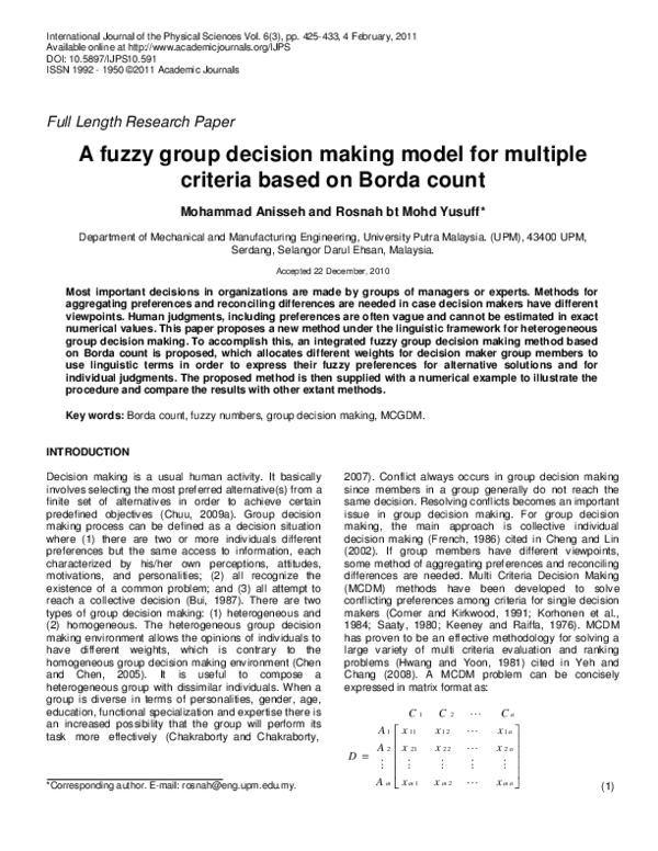 (PDF) A fuzzy group decision making model for multiple criteria based ...