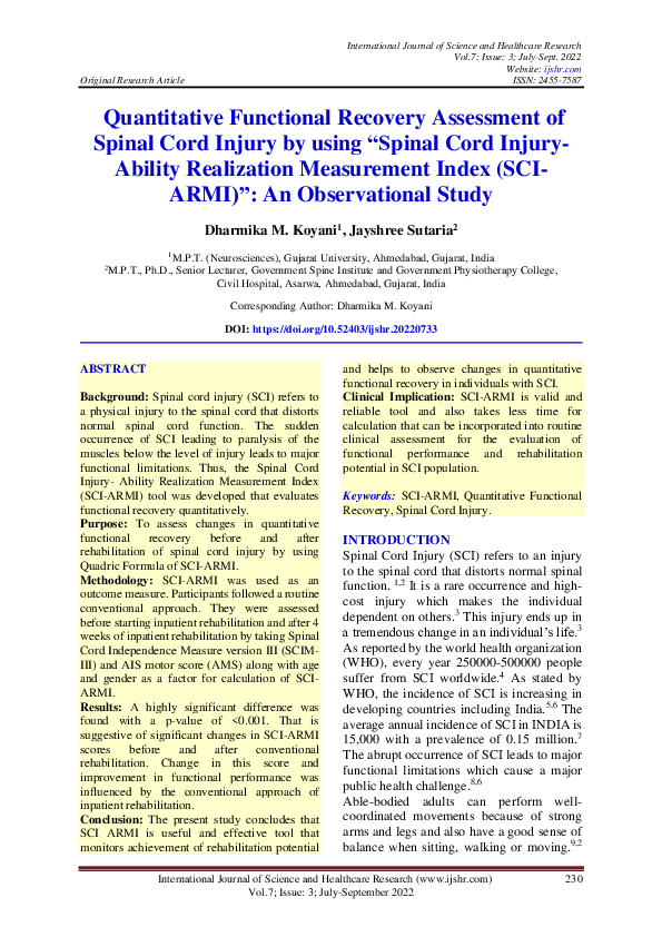 (PDF) Quantitative Functional Recovery Assessment of Spinal Cord Injury ...