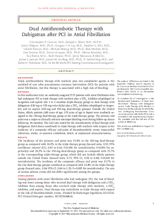 (PDF) Dual Antithrombotic Therapy with Dabigatran after PCI in Atrial ...