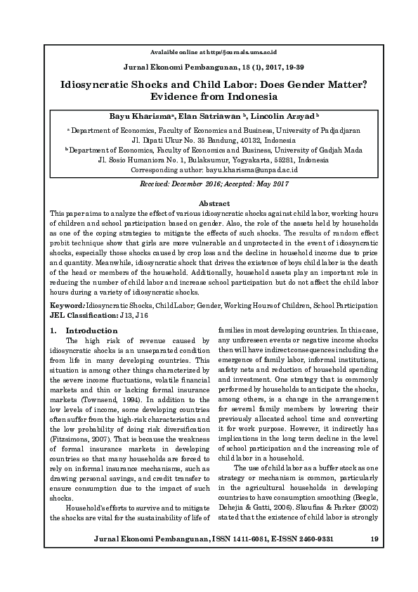 (PDF) Idiosyncratic Shocks and Child Labor Does Gender Matter