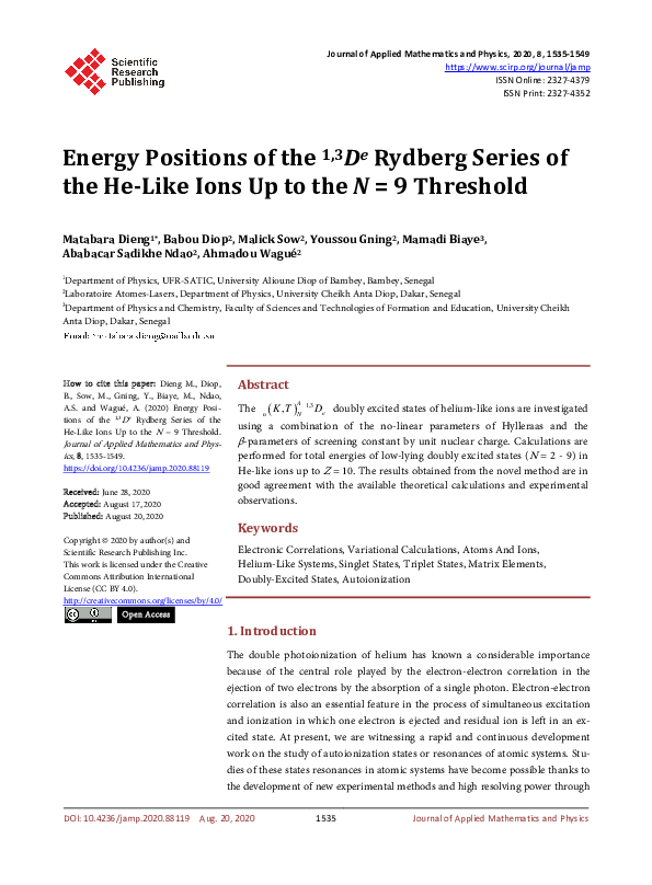 (PDF) Energy Positions of the 1,3De Rydberg Series of the He-Like Ions ...