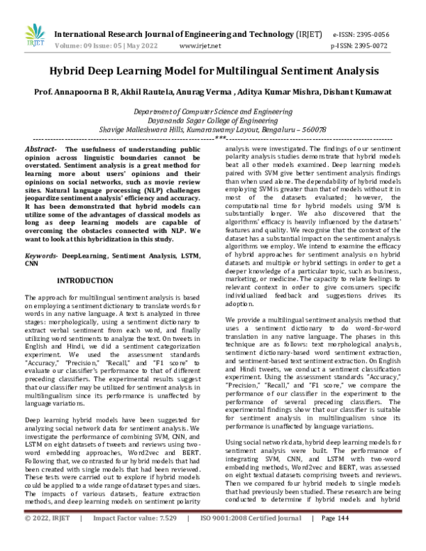 Pdf Hybrid Deep Learning Model For Multilingual Sentiment Analysis Irjet Journal Academia Edu Pdf Hybrid Deep Learning Model For Multilingual Sentiment Analysis Irjet Journal Academia Edu