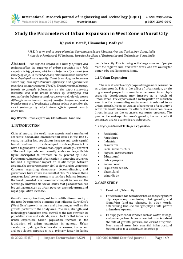 (PDF) Study the Parameters of Urban Expansion in West Zone of Surat City