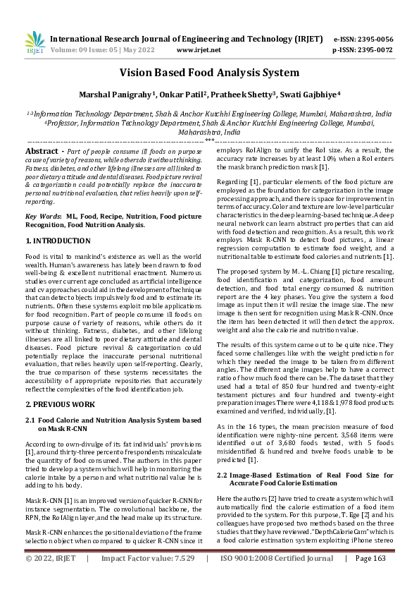(PDF) Vision Based Food Analysis System