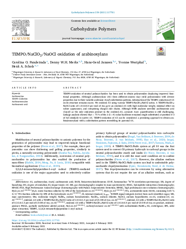(PDF) TEMPO/NaClO2/NaOCl oxidation of arabinoxylans