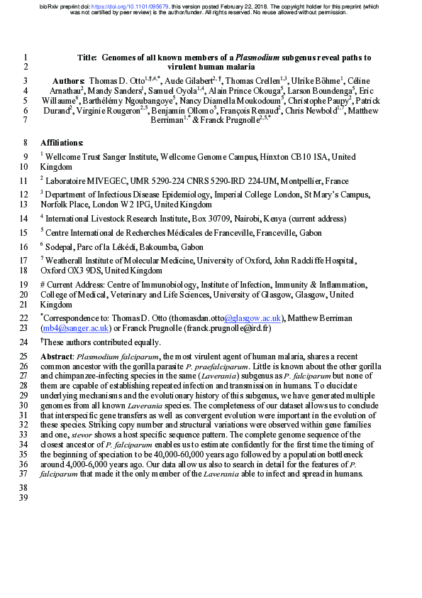 Genomes of all known members of a Plasmodium subgenus reveal paths to virulent human malaria