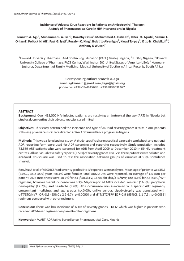 (PDF) Incidence of Adverse Drug Reactions in Patients on Antiretroviral ...