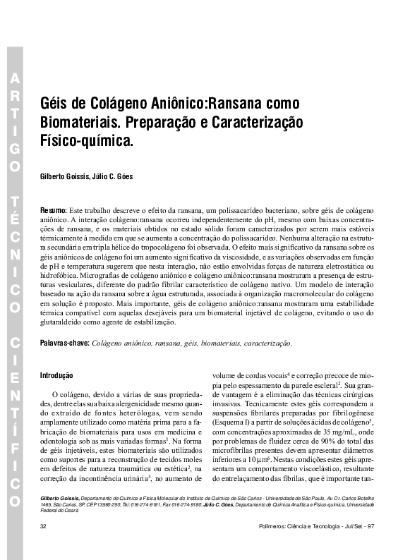 (PDF) Géis de colágeno aniônico: ransana como biomateriais. Preparação ...