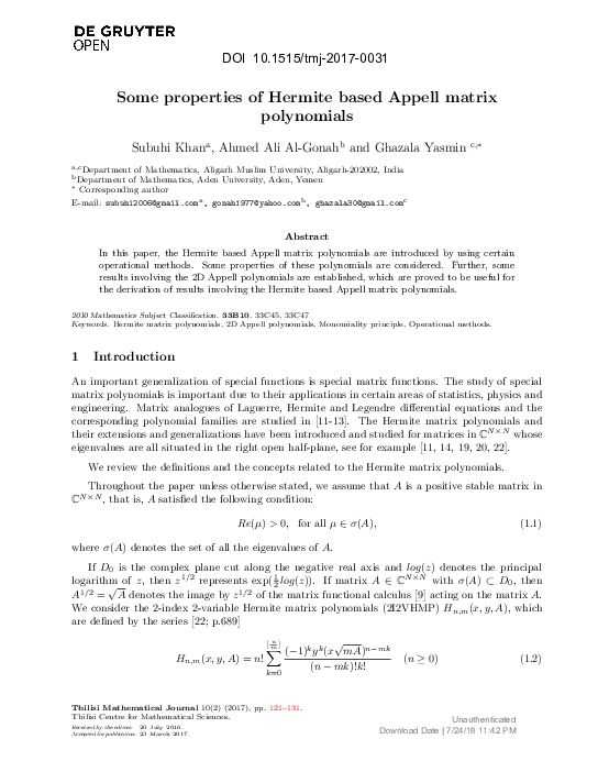 (PDF) Some properties of Hermite based Appell matrix polynomials