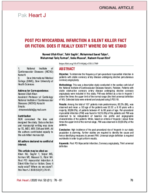 (PDF) Post Pci Myocardial Infarction a Silent Killer Fact or Fiction ...