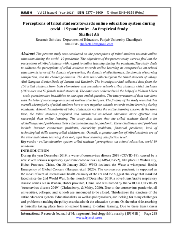 (PDF) Perceptions of tribal students towards online education system ...