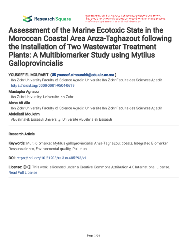 (PDF) Assessment of the marine ecotoxic state in the Moroccan coastal ...