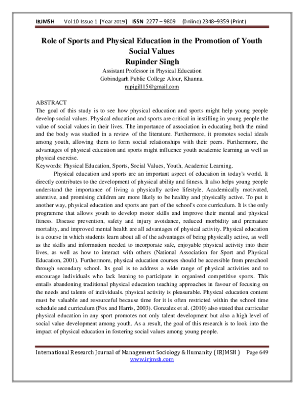 (PDF) Role of Sports and Physical Education in the Promotion of Youth ...