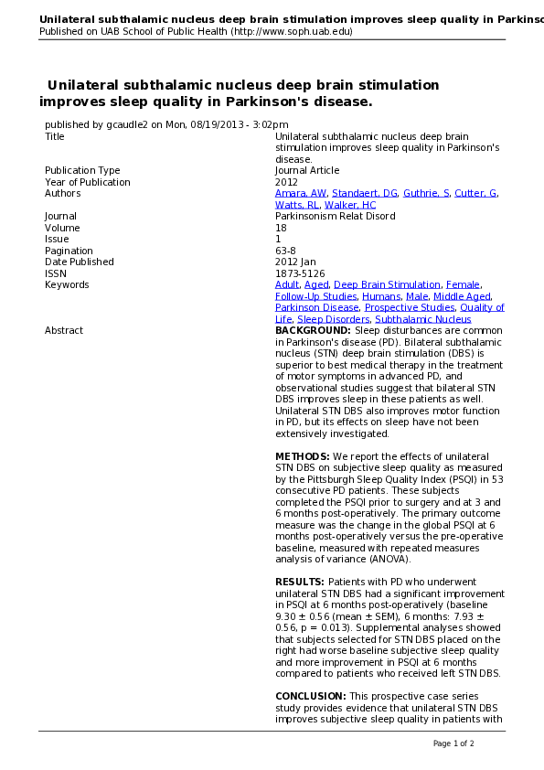 (PDF) Unilateral subthalamic nucleus deep brain stimulation improves ...