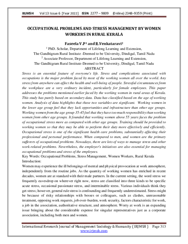 (PDF) OCCUPATIONAL PROBLEMS AND STRESS MANAGEMENT BY WOMEN WORKERS IN ...