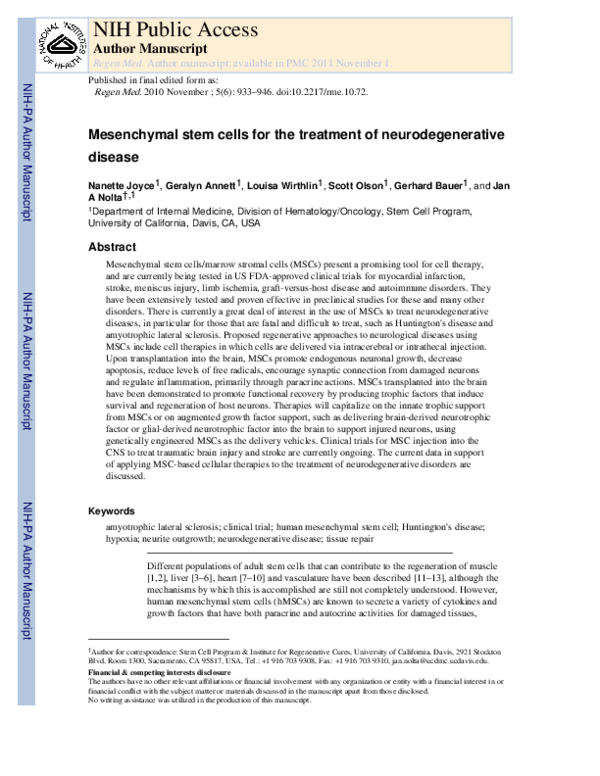 (PDF) Mesenchymal stem cells for the treatment of neurodegenerative disease