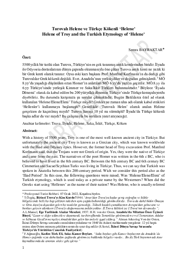 (PDF) Turovalı Helene ve Türkçe Kökenli 'Helene' Helene of Troy and