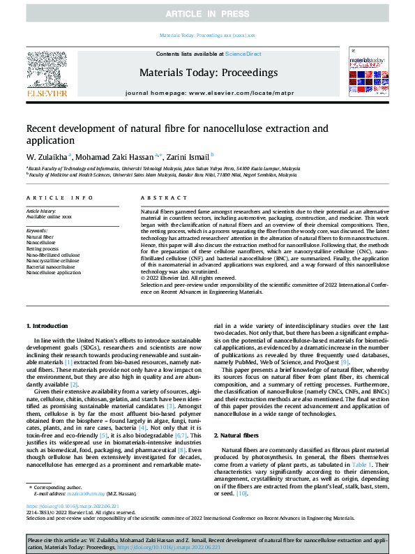 (PDF) Recent development of natural fibre for nanocellulose extraction ...