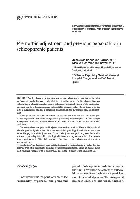 (PDF) Premorbid adjustment and previous personality in schizophrenic ...