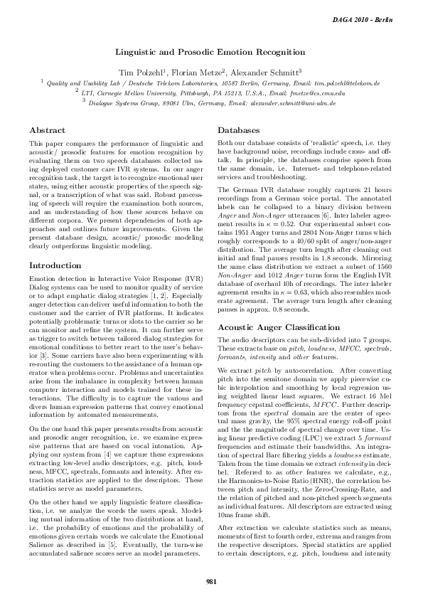 (PDF) Linguistic and Prosodic Emotion Recognition