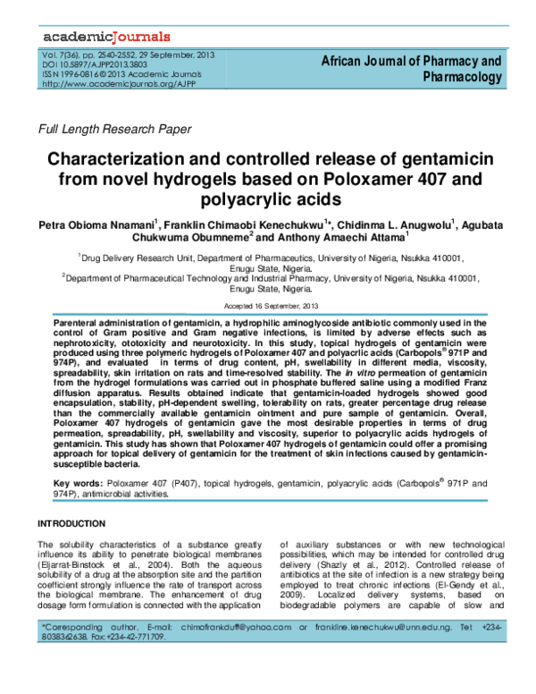 (PDF) Characterization and controlled release of gentamicin from novel ...