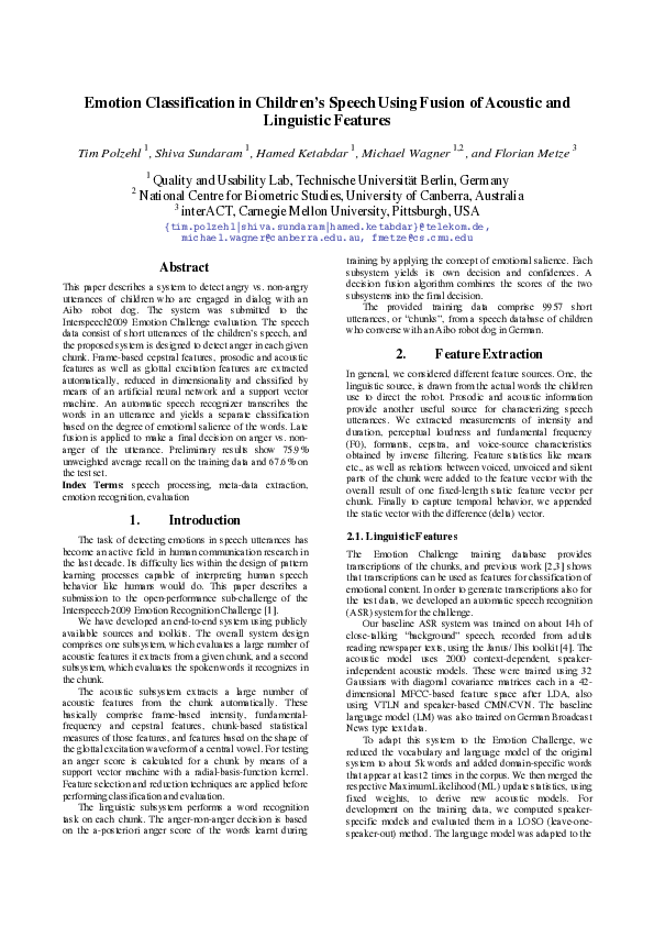 (PDF) Emotion classification in children's speech using fusion of ...
