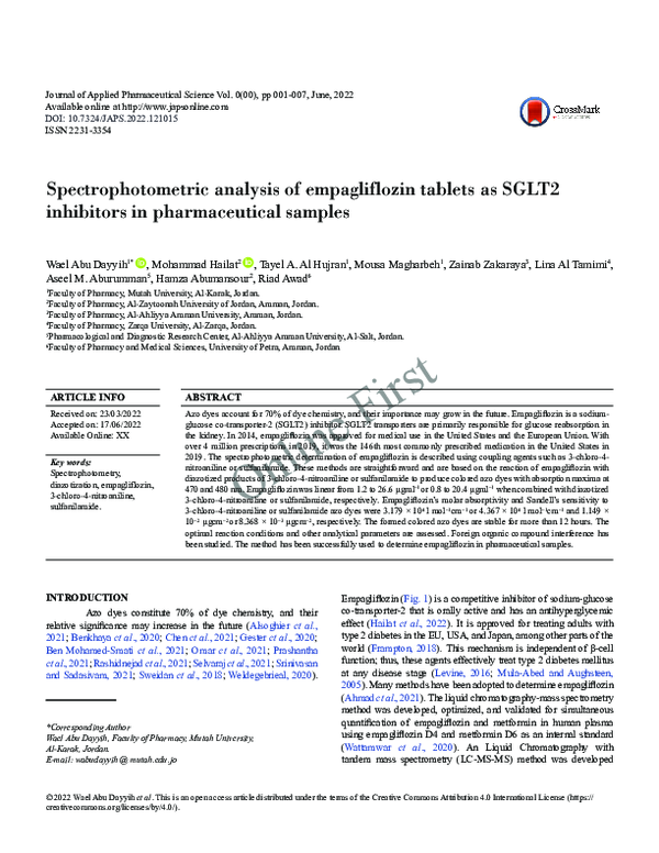 (PDF) Spectrophotometric analysis of empagliflozin tablets as SGLT2