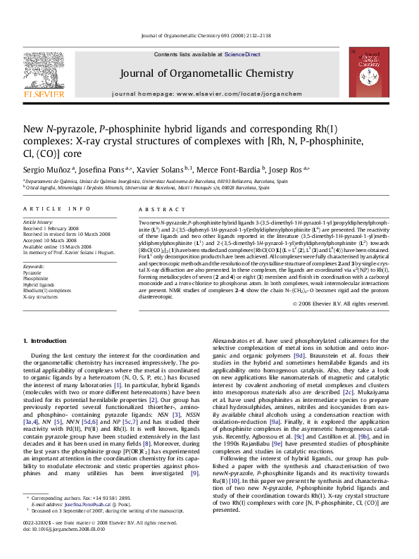 (PDF) New N-pyrazole, P-phosphinite hybrid ligands and corresponding Rh ...