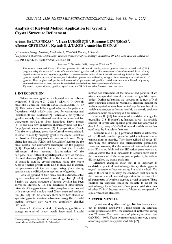 (PDF) Analysis of Rietveld Method Application for Gyrolite Crystal ...